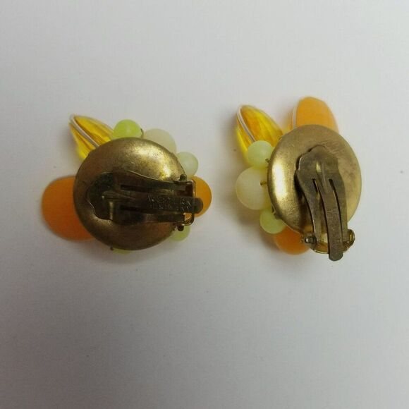 Vintage Orange Yellow Plastic Beaded Cluster Clip On Earrings, Western Germany - Picture 3 of 7
